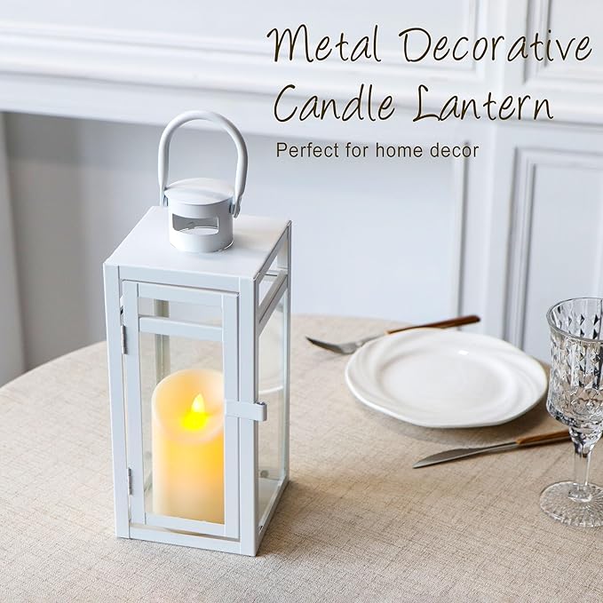 TRIROCKS Set of 2 Decorative Candle Lantern 12'' High Metal Candle Holder with Tempered Glass Perfect for Home Decor Living Room Parties Events Tabletop Indoor Outdoor (White)