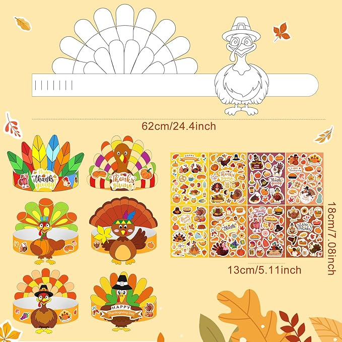24 Sets Thanksgiving Turkey Craft Kits Fall Thanksgiving Ornaments Decorations Art Sets DIY Autumn Make a Turkey Crafts Stickers Arts and Crafts for Toddler Party Classroom Activities (Hat1)