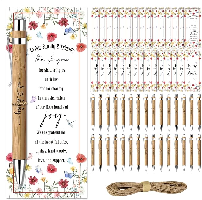 Toerifer 30 Pcs Baby Shower Favor for Guests Gifts Sets Included Bamboo Pens Greeting Thank You Cards Gender Reveal Souvenirs Prizes Baby in Bloom Gender Reveal Decorations