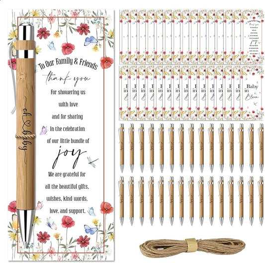 Toerifer 30 Pcs Baby Shower Favor for Guests Gifts Sets Included Bamboo Pens Greeting Thank You Cards Gender Reveal Souvenirs Prizes Baby in Bloom Gender Reveal Decorations