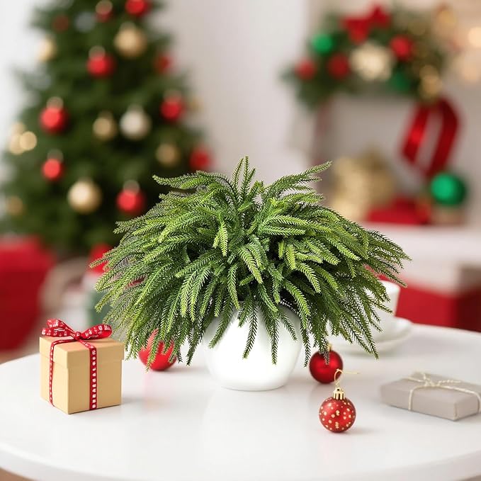 16 Pcs Norfolk Pine Stems, 19" Long Artificial Norfolk Pine Branches, Faux Greenery Stems, Real Touch Christmas Green Plants Branches for Vases, DIY Wreath, Xmas Home Decorations