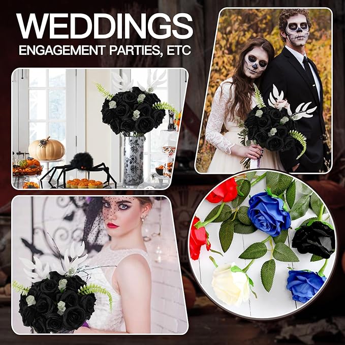 Tifuly 50 Pcs Black Roses Artificial Flowers Bulk,Realistic Long Stem Fake Silk Roses for Wedding Centerpiece Table Vases Party Home Kitchen DIY Bouquets Decor