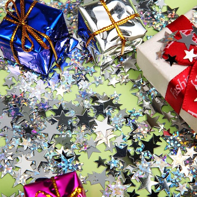Hestya 60g Star Confetti Glitter Table Confetti Metallic Foil Stars for Christmas Party Wedding Festival Decorations(Silver Set,10mm and 6mm)