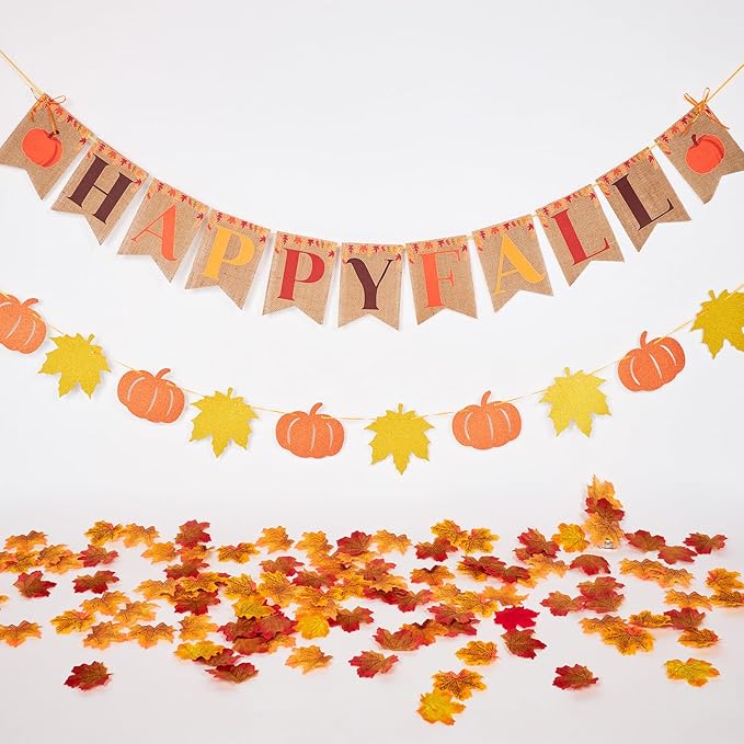 Pre-Strung Happy Fall Burlap Banner, Pumpkin Banner, and 100 Pcs Maple Leaf Confetti for Autumn Fall Thanksgiving Home Decorations