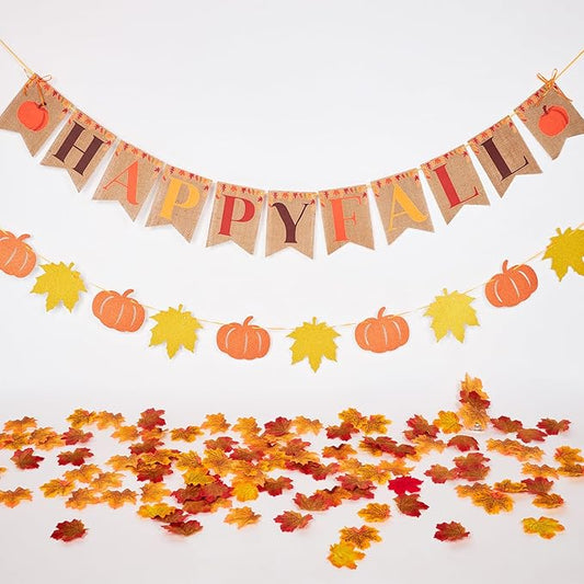 Pre-Strung Happy Fall Burlap Banner, Pumpkin Banner, and 100 Pcs Maple Leaf Confetti for Autumn Fall Thanksgiving Home Decorations