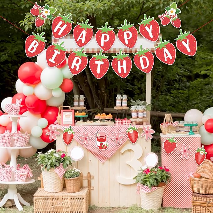 SUNBEAUTY Strawberry Happy Birthday Banner, Berry Sweet Red Fruit Party Hanging Banner, Strawberry Birthday Decorations for Girls 1st Birthday Baby Shower Party Decoration | Pre-Strung