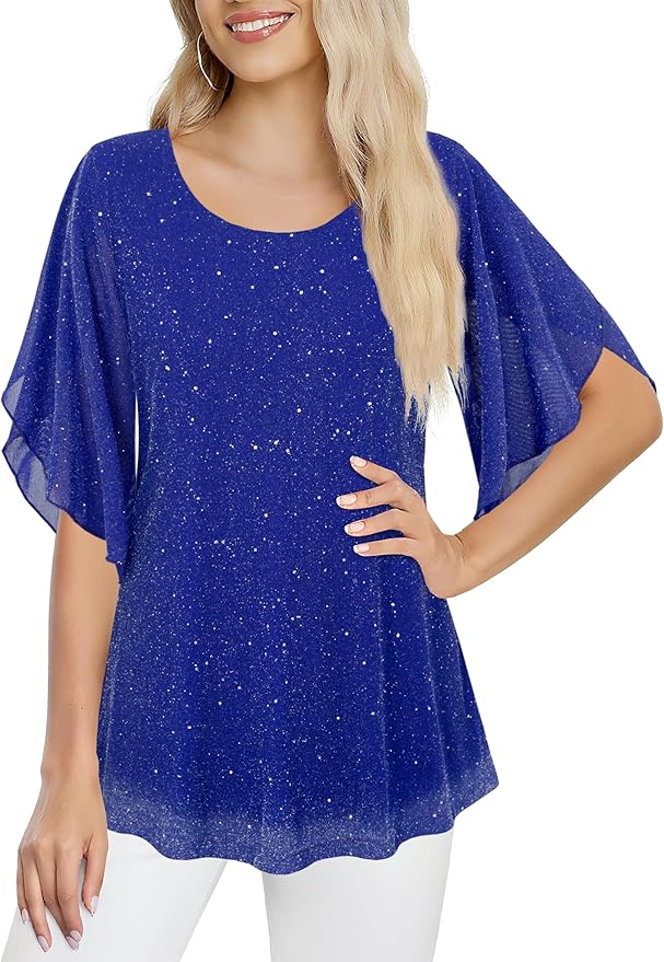 Ninedaily Women's Tops 3/4 Sleeve Blouses Dressy Casual Double Layers Mesh Tunic Shirts