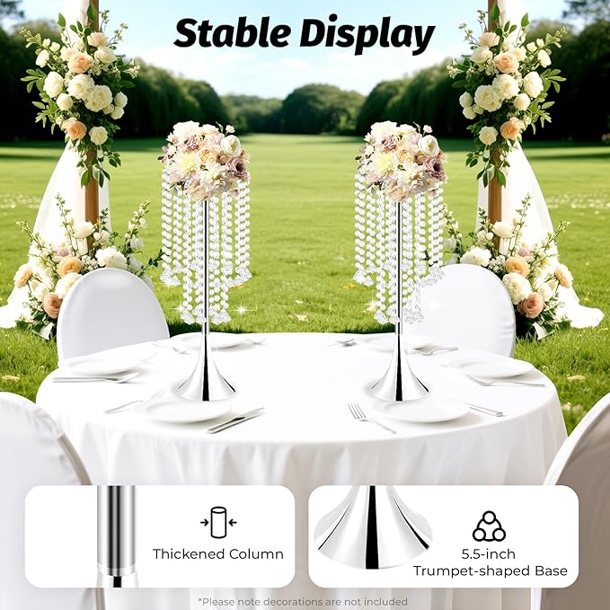 10pcs Silver Vases Wedding Centerpieces, 21.9'' Tall Crystal Metal Vase Wedding Road Lead Flower Holders, Metal Crystal Centerpiece Table Decorations, Crystal Flower Stand for Wedding(Silver)