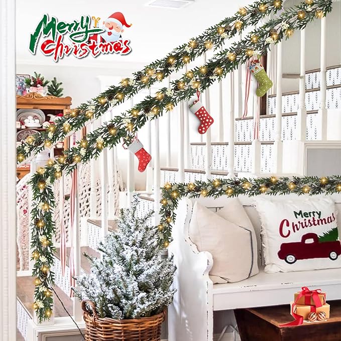 6FT Christmas Garland with Lights, Christmas Decorations Indoor Outdoor Pre-lit Artificial Pine Garland with Battery Operated Timer, Home Holiday Decor Flocked Garland for Mantel Window Stairs Wall