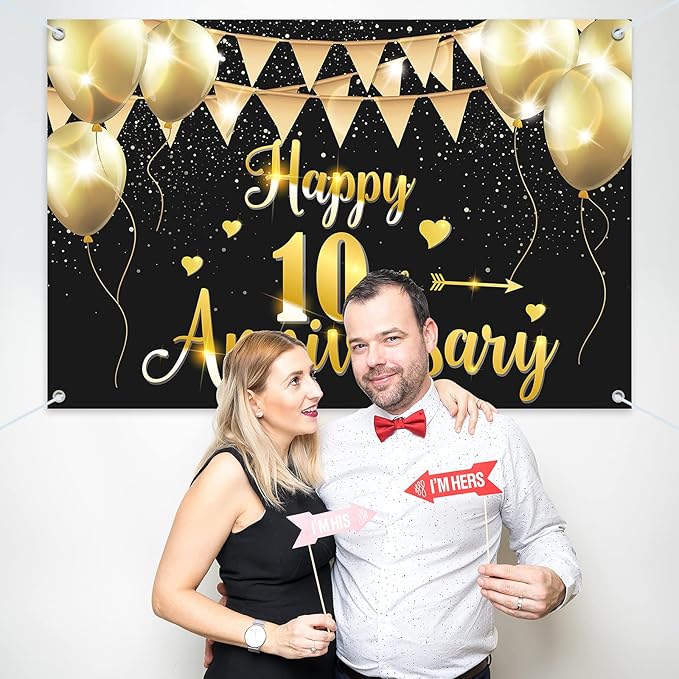 HAMIGAR 6x4ft Happy 10th Anniversary Banner Backdrop - 10 Wedding Anniversary Decorations Party Supplies - Black Gold