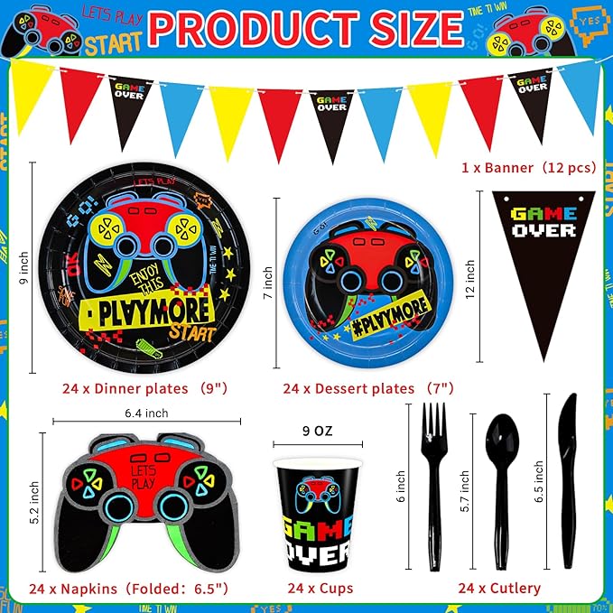 DYLIVeS Video Game Birthday Party Decorations, 180 pcs Gaming Party Supplies for Boys Child Game Party Tableware Set - Include Banner, Gamer 9" and 7" Paper Plates, Cups, Napkins, Cutlery, Serves 24