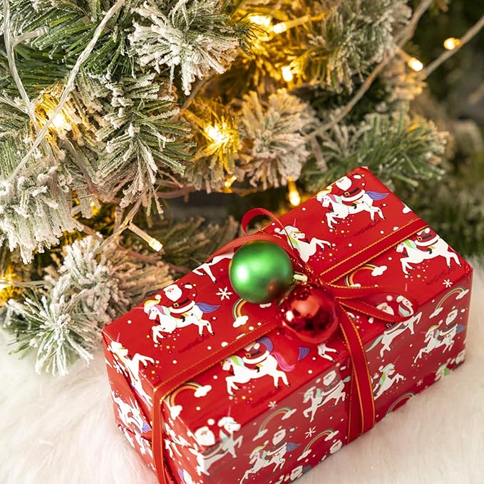 WRAPAHOLIC Reversible Unicorn Christmas Wrapping Paper - Mini Roll - 17 Inch x 33 Feet - Red Santa Claus, Unicorn Wrapping Paper and Stripe Design for Holiday, Party Celebration