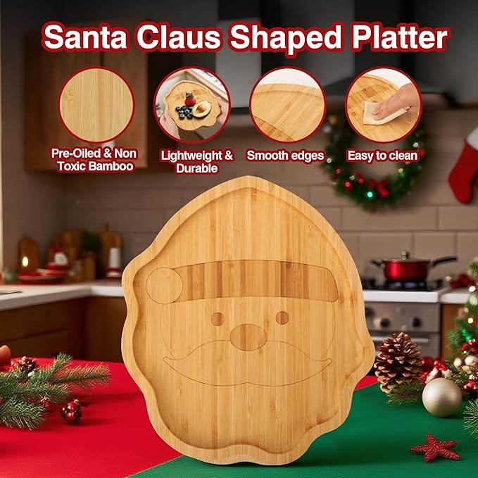 Christmas Serving Tray, Santa Claus Shape Charcuterie Board, Bamboo Serving Platter Dish for Holiday Party Food Tray for Cheese Snack Fruit 10 x 8.7 x 0.6 Inches