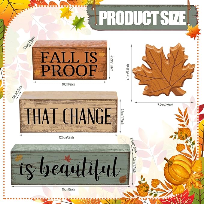 4 Pcs Thanksgiving Decoration for Home Wooden Maple Leaf Thanksgiving Table Centerpiece Fall Tiered Tray Decor Rustic Decorative Maple Leaf Block Signs Farmhouse Fall Decoration for Home