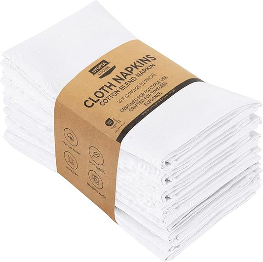 Utopia Kitchen White Cloth Napkins [12 Pack, 20x20 Inch] Absorbent Cotton Blend Washable and Reusable for Dinner, Restaurant, Lunch, Wedding and Hotel