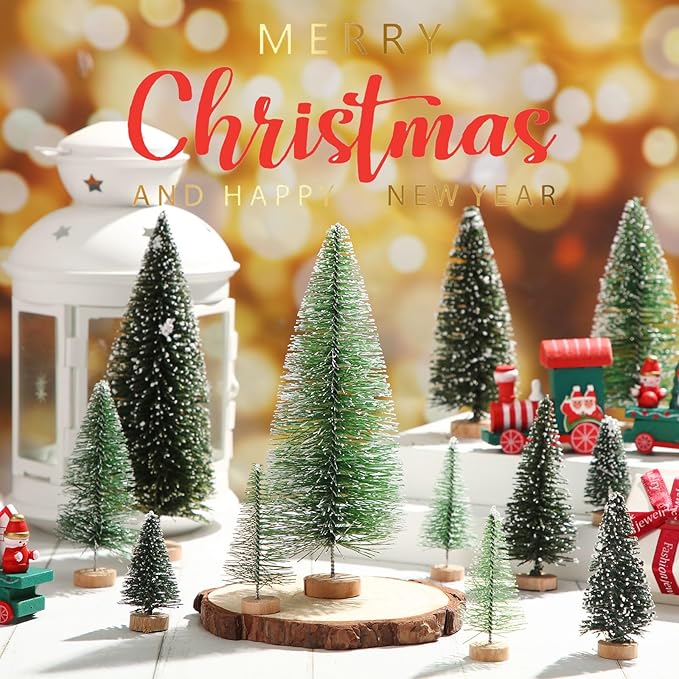 SATINIOR 60 Pieces Artificial Mini Christmas Tree Sisal Snow Trees Bottle Brush Christmas Trees Pine Trees Ornaments with Wooden Base for Christmas (Dark Green, Green,1.8/2.6/3.4/4.9/6.3 Inch)