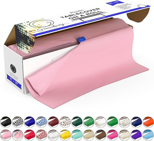 Grandipity Plastic Tablecloth Roll - 54in x 100 Ft. Pink Plastic Table Cloths for Parties Disposable with Cutter Box - Cut to Size Disposable Tablecloth Table Cover for Rectangle & Round