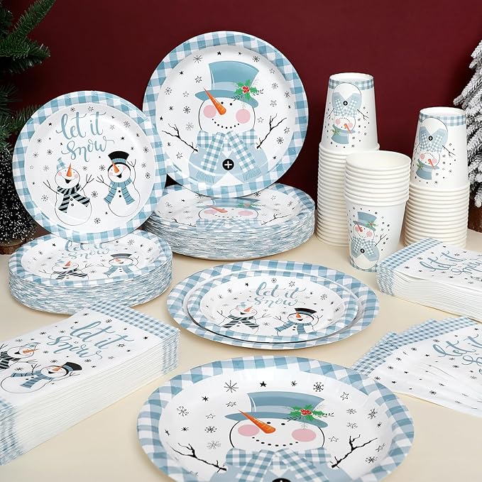 250 Pcs Christmas Snowman Paper Plates and Napkins Party Supplies Blue White Buffalo Plaid Winter Disposable Tableware Set for Christmas Winter Holiday Xmas Party Decoration
