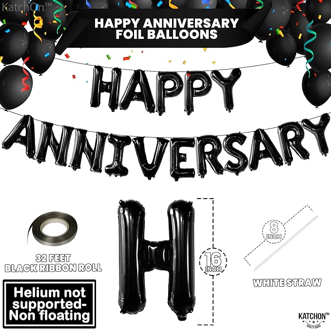 KatchOn, Happy Anniversary Balloons Black - 16 Inch | Black Happy Anniversary Banner Decorations | Backdrop | Balloon Banner