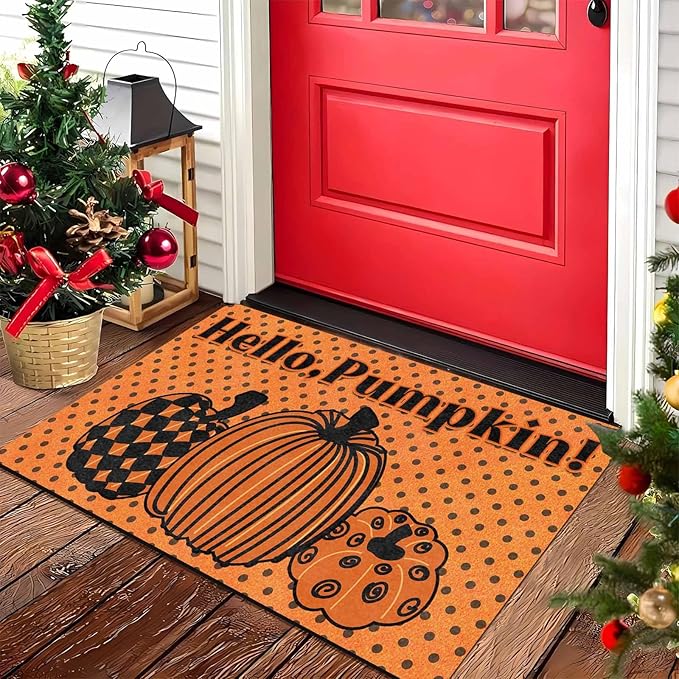 Fall Welcome Maple Leafs Decorative Door Mat, Autumn Thanksgiving Doormat for Indoor Outdoor Entrance Floor Mats,Fall Pumpkins Non Slip Harvest Vintage Decor Rubber Welcome Mats 16" x 24" Inch