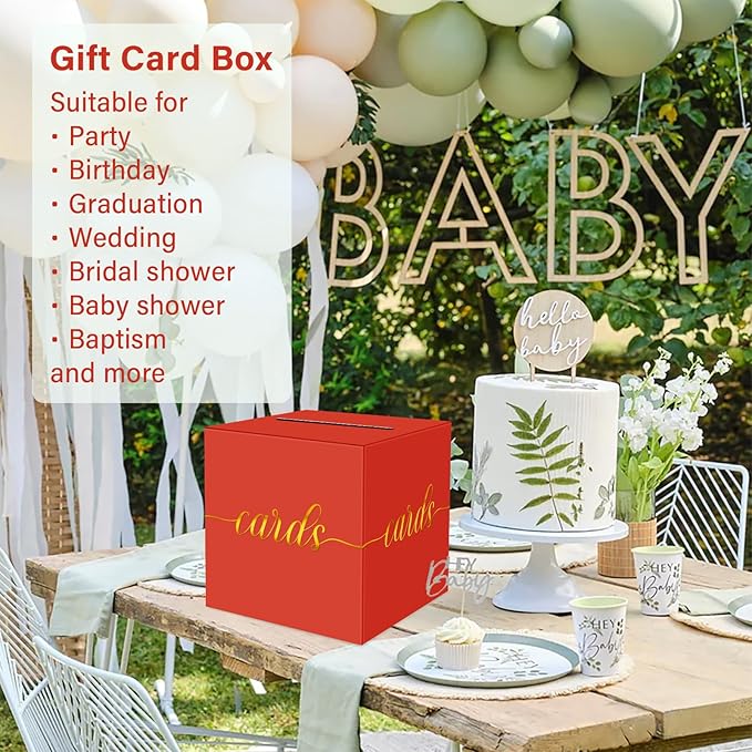 1 Pack Red and Gold Foil Card Box for Party, 8.7" Red Gift Card Box Money Box for Birthday, Wedding, Baby Shower, Retirement, Anniversary, Bridal Shower, Graduation, Raffle Ticket