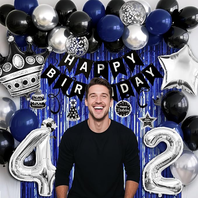 42nd Birthday Decorations for Men and Women, Black Blue Silver Happy Birthday Number 42 Balloons, Banner, Fringe Curtains Garland Kit - 42 Year Old Party Supplies