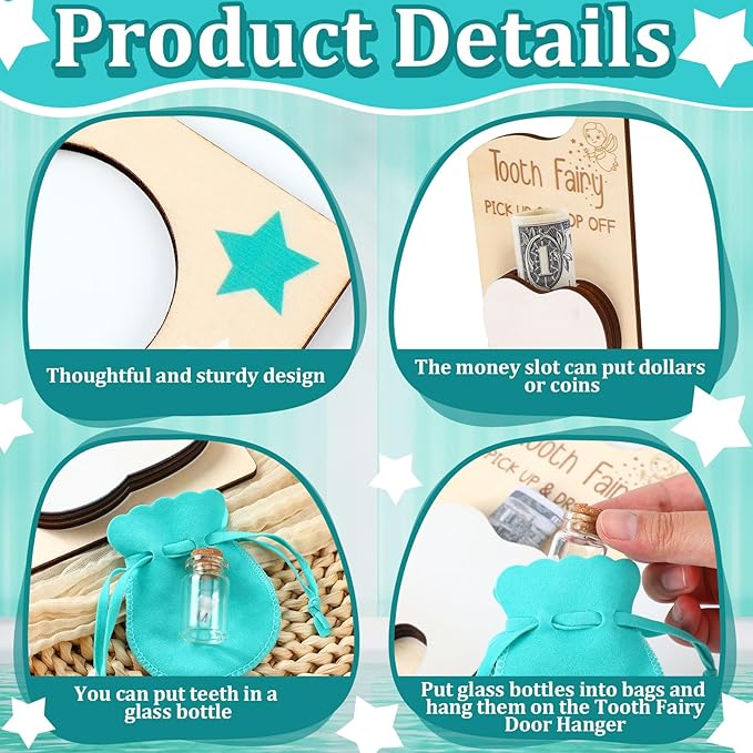 Tooth Fairy Holder Bag Hanger with Money Slot Keepsake Bottle Velvet Pouch Tooth Fairy Box Encourage Gift for Lost Teeth Boy Girl Milk(Classic,Lake Blue)