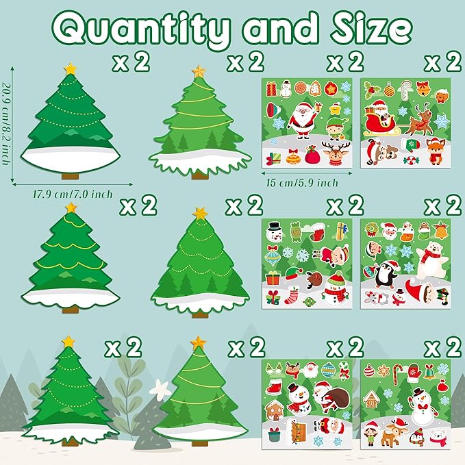 CY2SIDE 12PCS Christmas Tree Scene Art Craft, Make Your Own Xmas Scene, DIY Creative Santa Claus Sticker for Kids Classroom Activities, Christmas Theme Games Party Favors