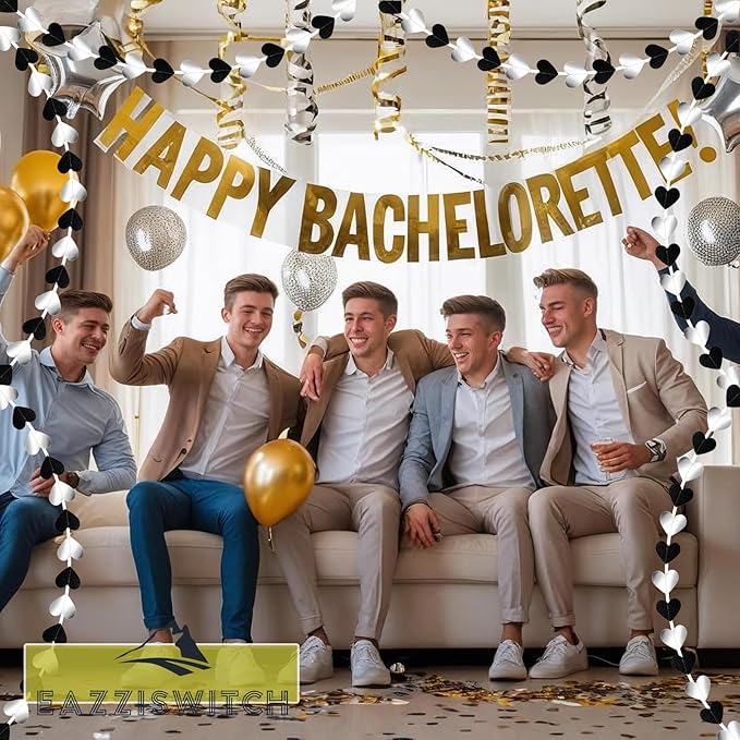Men Black Birthday Party Decorations: Silver White Glitter Hearts Banner Garland Streamers Backdrop for Bachelorette Bachelor Events Engagement Wedding Celebration Halloween Décor - 52 Ft