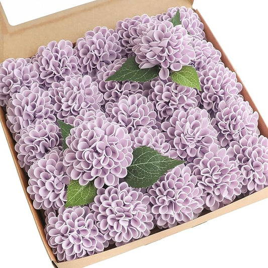 Floroom Artificial Dahlia Flowers 25pcs Real Looking Lilac Foam Fake Roses with Stems for DIY Wedding Bouquets Bridal Shower Centerpieces Floral Arrangements Party Tables Home Decoration