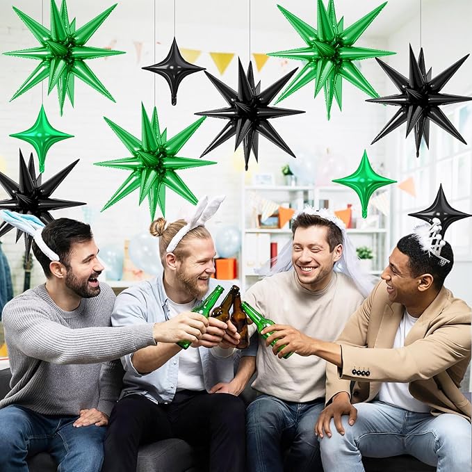 18 Pcs Black Green Star Balloons, Green and Black Balloon with 6 Pcs 22-Inch Explosion Star Balloons 12Pcs 10-Inch Four Pointed Stars Foil Balloon for Anniversary Football Birthday Party Decor
