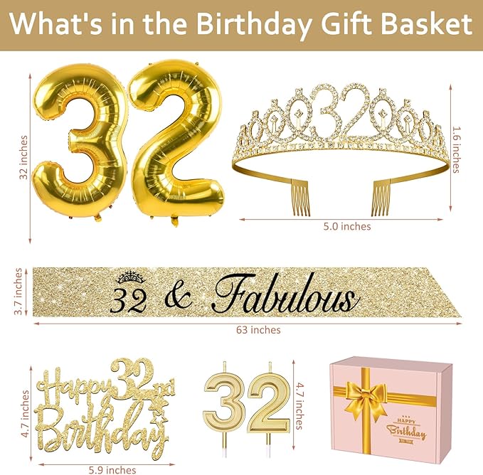 32nd Birthday Decorations for Women Gold with 32 Birthday Sash and Tiara, Cake Topper and Candles, Number Balloons, 32 Year Old Gifts for Women