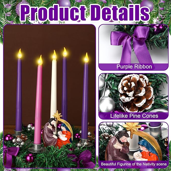 Tioncy 12 Inch Christmas Advent Wreath Candle Holder with 5 Flameless Candles Remote Control Wreaths Holder Centerpiece Decoration with Berries(Nativity Scene,11 x 0.8 x 0.8 in)