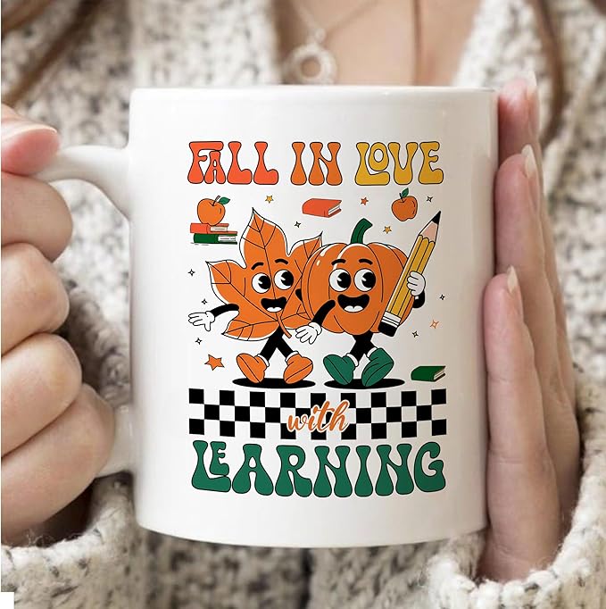 Fall In Love With Learning Thanksgiving White Mugs, 11oz 15oz Drinking Cups, Autumn Seasonal Gifts