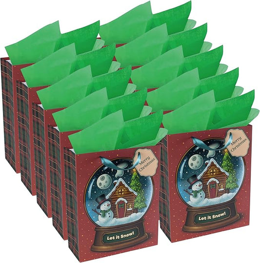 RACHELLE'S Snow Globe Christmas Gift Bags – Medium 13"x10"x4" (10-Pack) – Sturdy Paper Gift Bags with Tissue Paper, Tag and Handle – Let It Snow – Perfect for Christmas Holiday Gifting & Party Favors