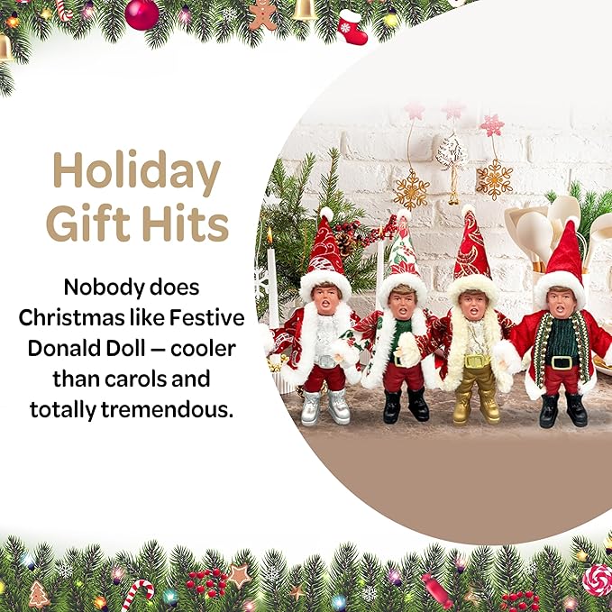 Mini Stand Glitzy Donald Trmp Santa Ornament 18cm (4pk) - Christmas Decoration, Donald Christmas Ornaments Plush for Christmas Party Holiday Home Garden Decor (RED)