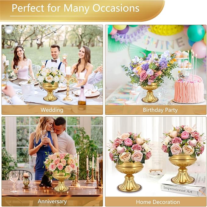 Gold Compote Vases for Centerpieces: Wedding Flower Vase for Tables 6.5 Inch Small Metal Urn Pedestal Bowl for Party Anniversary Event Home Decor Set of 10