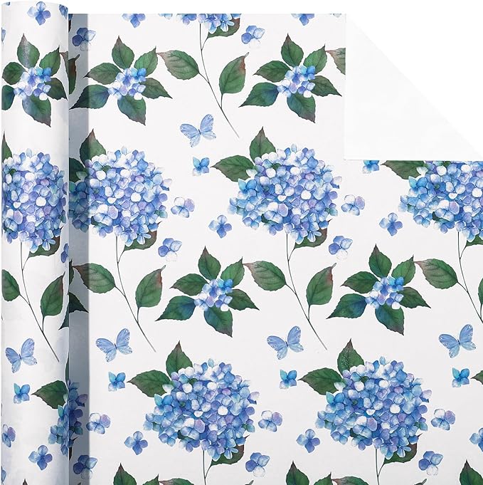 WRAPAHOLIC Kraft Hydrangea Floral Wrapping Paper Roll - Mini Roll - 17 Inch x 16.5 Feet - Hydrangea Flower Wrapping Paper for Wedding, Birthday, Bridal Shower, Tea Party