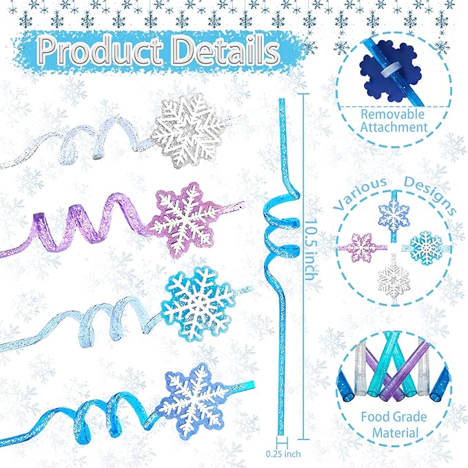 LEDUO Reusable Frozen Drinking Straws-24Pcs Glitter Snowflake Plastic Straw Party Favors-Frozen Party Decoration -Winter Snow Birthday Party Decor Supplies-Christmas Goodie Bag Stuffer Classroom Prize