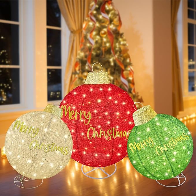 HOYECHI 3pc Lighted Pop-Up Outdoor Christmas Ornament Set – Holiday Ball Decorations with 290 LED Lights, 8 Lighting Modes, for Yard & Outdoor Christmas Decor - Red/Green/Gold