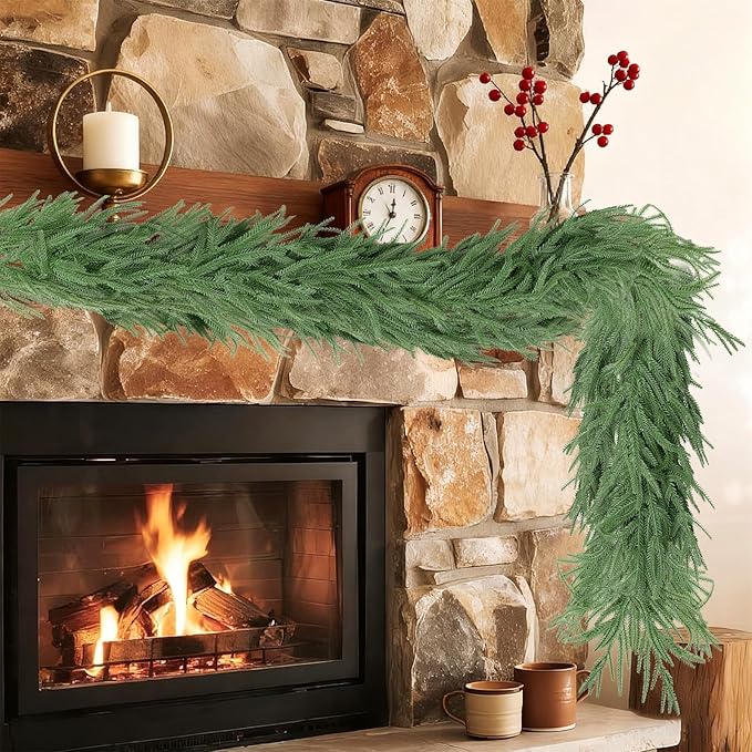 2 Pcs 6 Ft Artificial Norfolk Pine Garlands, Real Touch Winter Pine Garland, Green Artificial Greenery Garland for Table, Mantle, Wall, Indoor, Outdoor Christmas Decorations (2, 6 FT)