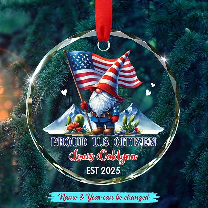 Proud U.S Citizen Gnome Christmas Ornament Decor 2025, Personalized Year & Name U.S Citizenship Xmas Ornament Gift for Grandpa Grandma Patriotic Holiday, Custom American Citizen Glass Decor Ornaments