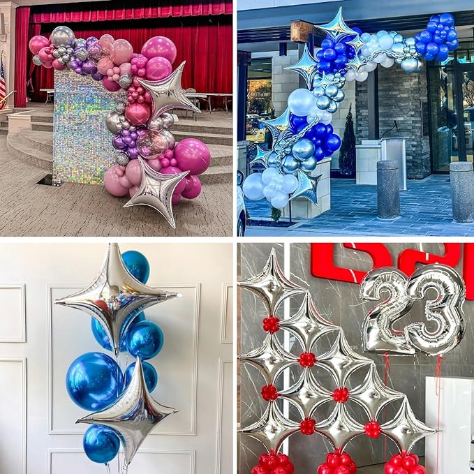 Silver Star Balloons,12Pcs Four Angle Star Foil Balloons,26Inch and 10Inch Silver Quadrangle Helium Polyester Film Balloon for Birthday Anniversary Baby Shower Wedding Party Decorations