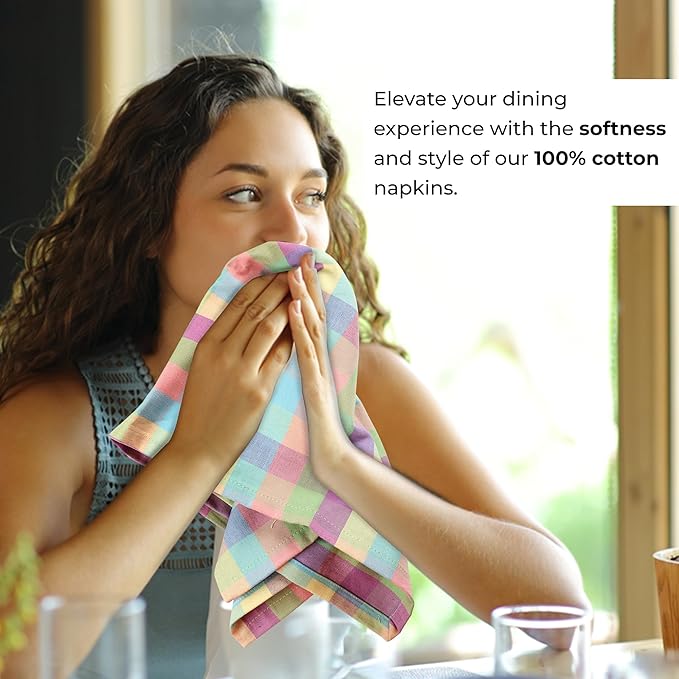 Urban Villa Easter Cloth Napkins (Set of 12)100% Cotton Highly Absorbent Dinner Napkins 20x20 Inches Soft Durable Reusable Washable Easter Checks Table Dinner Napkins for Home Parties Wedding Napkins