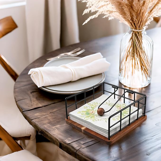 Acacia Wood Napkin Holder for Table, Farmhouse Square Napkin Dispenser with Wide Side Opening - Easy to Grab Paper Napkins for Dining Table & Kitchen Counter (7.7“x7.7"x3.3")