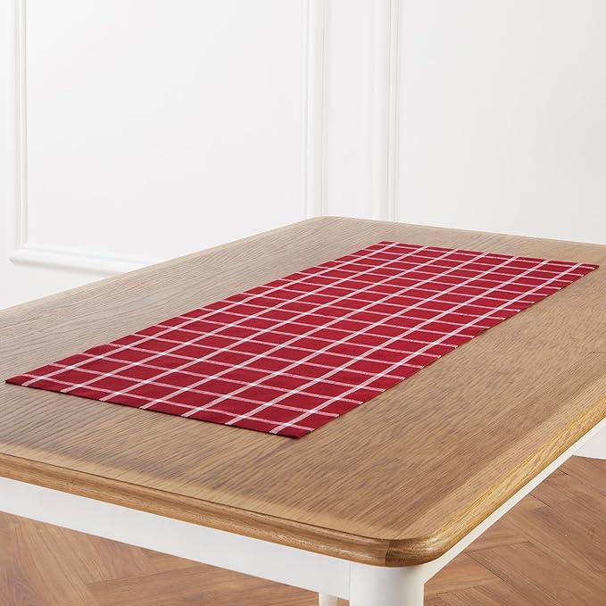 Solino Home Linen Table Runner 36 Inches - 100% Pure Linen Windowpane Red Table Runner 14 x 36 Inch Ideal for Dresser and Coffee Tables - Christmas, Xmas