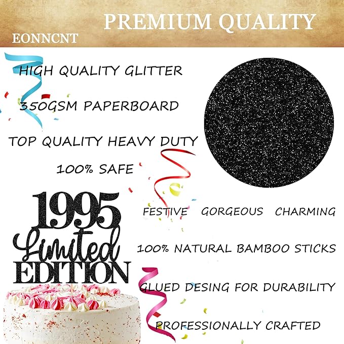 Limited EDITION 1995 Cake Topper - Black Glitter Happy 30th Birthday Party Cake Decoration Supplies, Cheer to 30 Years Cake Bunting Decor for 30th Birthday Party Photo Booth Props