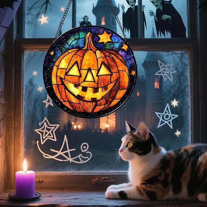 Stained Glass Window Hanging Halloween Horror Golden Pumpkin 9.8" - Suncatcher Door Garden Sunroom Gothic Style Sun Catcher Birthday for Friend Mom Men Woman Nana