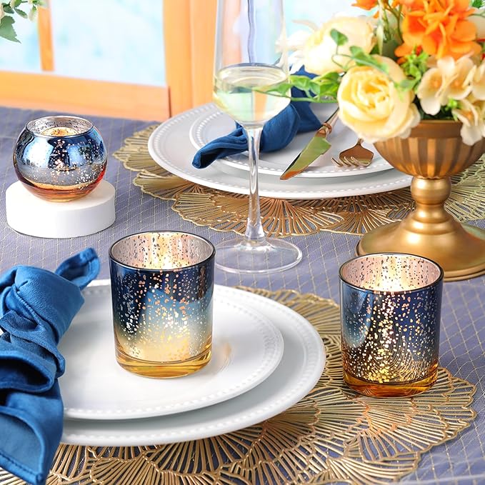 Volens 30pcs Assorted Navy Votive Candle Holders Bulk, Large Mercury Glass Votive for Wedding Table Centerpieces, Navy and Gold Themed Party Decorations and Home Decor