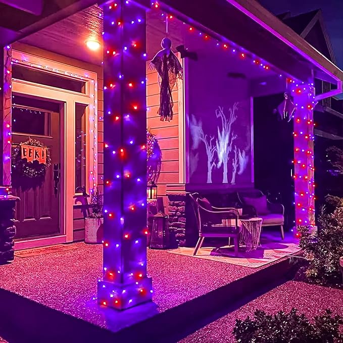 200 LED Christmas Lights Outdoor, 66ft Christmas String Lights Indoor Clear Wire 8 Modes Waterproof Plug in Twinkle Fairy Light for Tree Party Garden Decorations, Purple&Orange